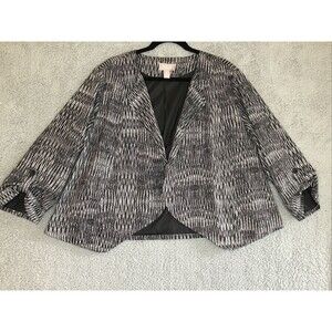 Chicos Womens Blazer Sz 3 Black White Geometric Print Jacket Roll Sleeves Lined